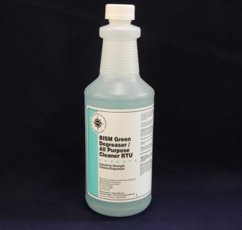 clear bottle, light blue liquid, light blue stripe label - BISM Green Degreaser/All-Purpose Cleaner